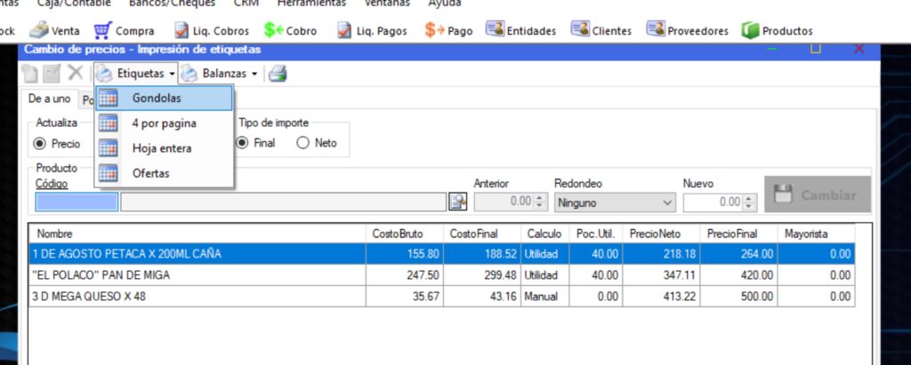 Captura real de Cuantico ERP: Botón Etiquetas con los formatos Gondolas, 4 por página, Hoja entera y Ofertas.