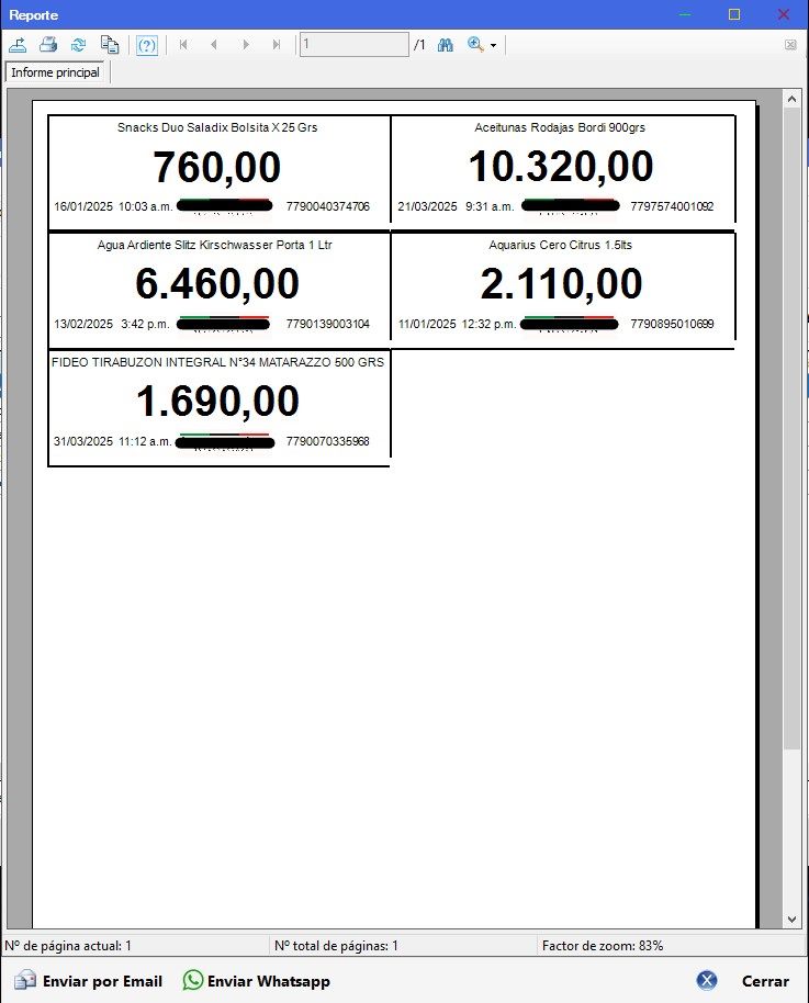 Captura real de Cuantico ERP: Hoja de etiquetas de góndola con producto, precio y fecha lista para imprimir.