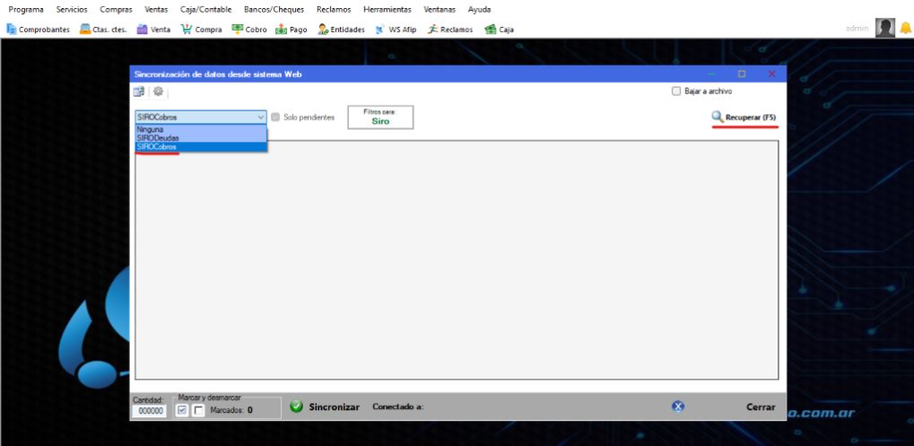 Captura real de Cuantico ERP: Selector de sincronización con la opción SIROCobros.