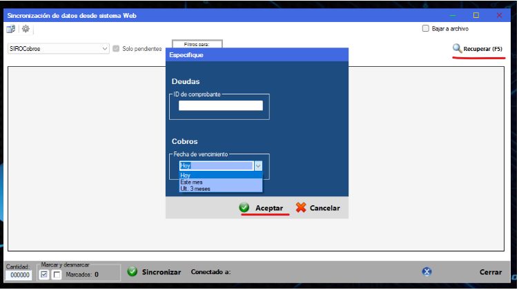 Captura real de Cuantico ERP: Filtro de cobros por fecha de vencimiento: hoy, este mes o últimos 3 meses.