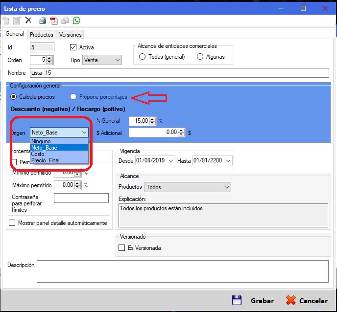 Captura real de Cuantico ERP: Configuración de una lista: origen, porcentaje general, vigencia y alcance.