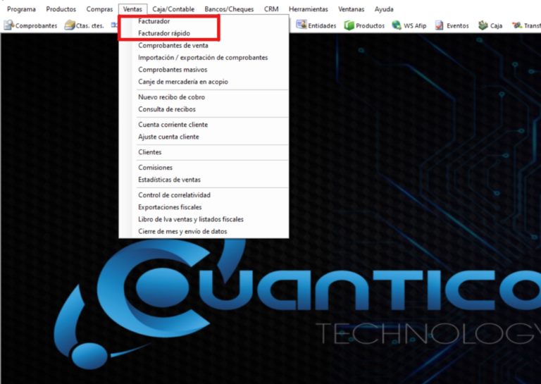 Captura real de Cuantico ERP: Menú Ventas con el acceso al Facturador, Facturador rápido y demás funciones del módulo.