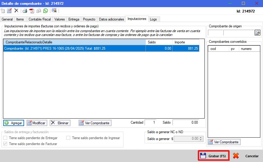 Captura real de Cuantico ERP: Comprobante imputado con su saldo en cero, listo para grabar.