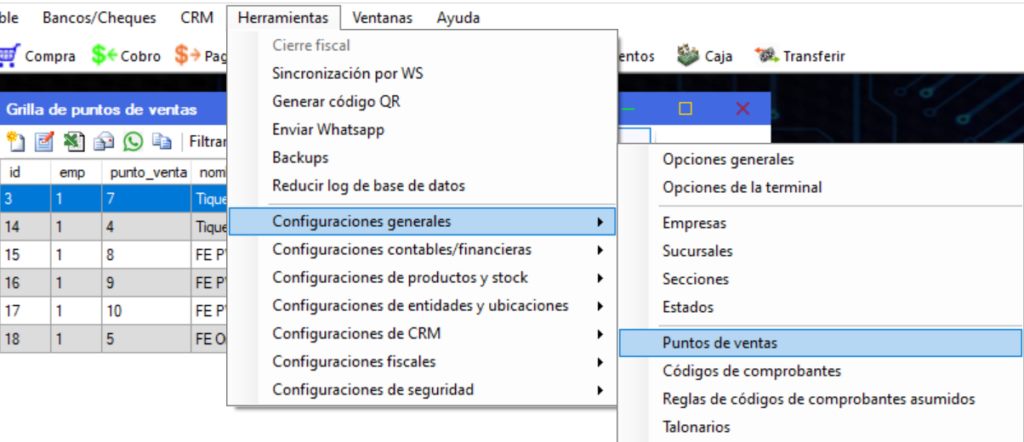 Captura real de Cuantico ERP: Menú Herramientas con la opción Puntos de ventas y la grilla de puntos existentes.