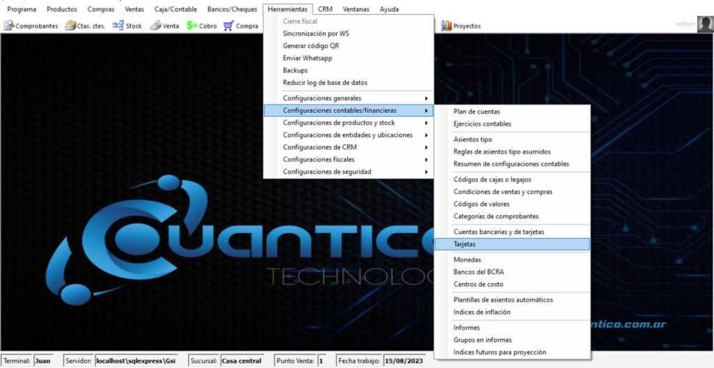 Captura real de Cuantico ERP: Menú Herramientas, Configuraciones contables/financieras, con la opción Tarjetas.