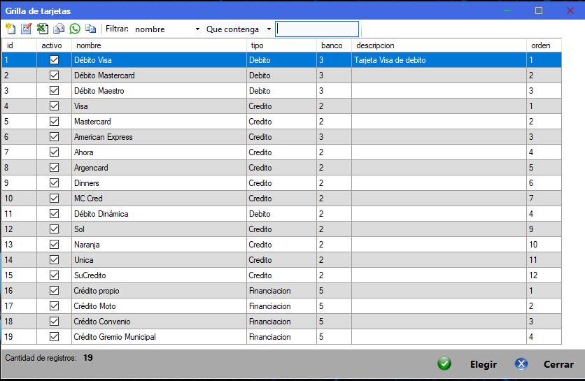 Captura real de Cuantico ERP: Grilla de tarjetas con tipos débito, crédito y financiación.