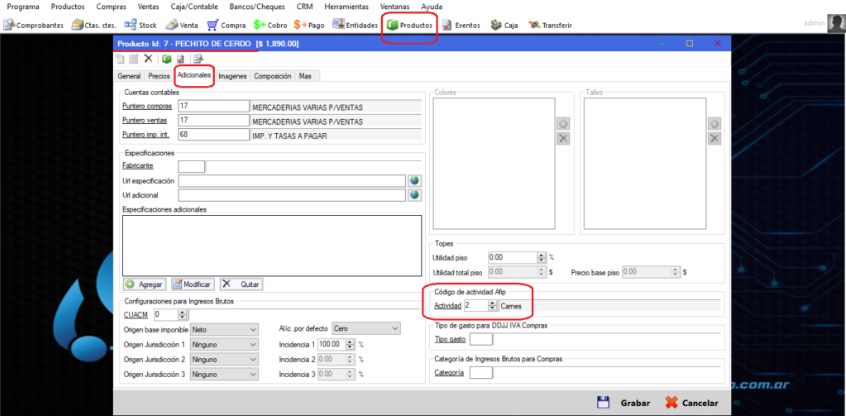 Captura real de Cuantico ERP: Ficha de producto, pestaña Adicionales, con el código de actividad.