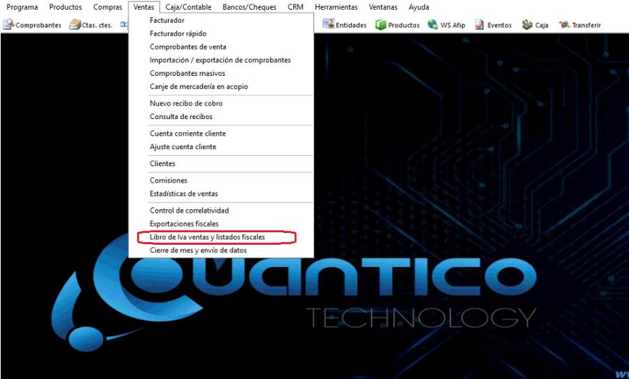 Captura real de Cuantico ERP: Menú Ventas con Libro de IVA ventas y listados fiscales.