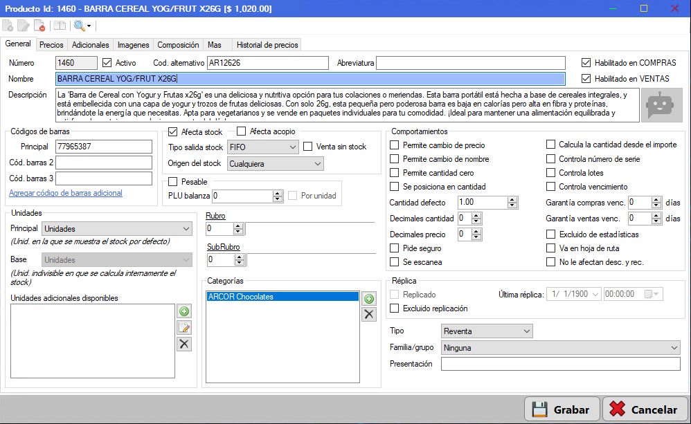 Captura real de Cuantico ERP: Ficha de producto, pestaña General, con datos básicos, unidades y comportamientos.