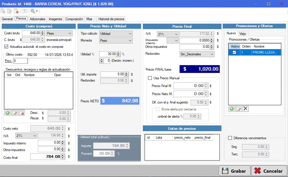 Captura real de Cuantico ERP: Pestaña Precios con costo, utilidad, IVA, redondeo y promociones.