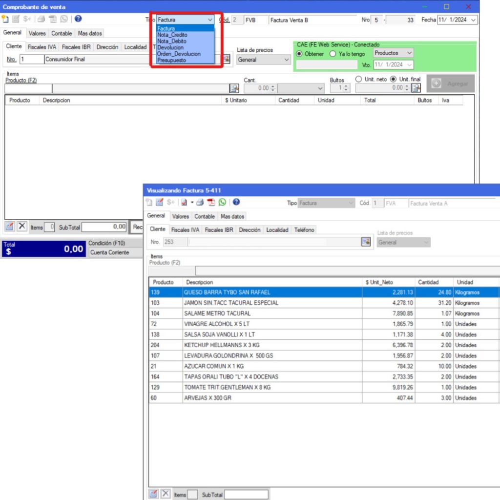 Captura real de Cuantico ERP: Comprobante de venta y factura con ítems en kilogramos.