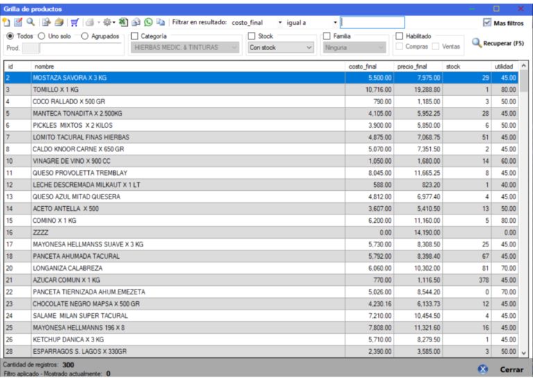 Captura real de Cuantico ERP: Grilla de productos con costo, precio final, stock y utilidad, filtrable por categoría.