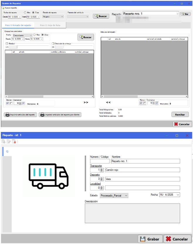 Captura real de Cuantico ERP: Gestión de repartos: armado con despachos pendientes y ficha del reparto con transporte y depósito.