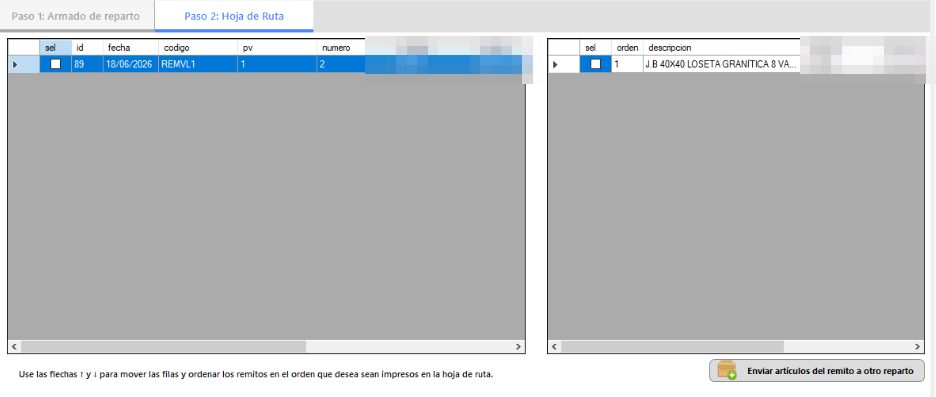 Captura real de Cuantico ERP: Paso 2 del reparto: hoja de ruta con los remitos ordenables y sus artículos.
