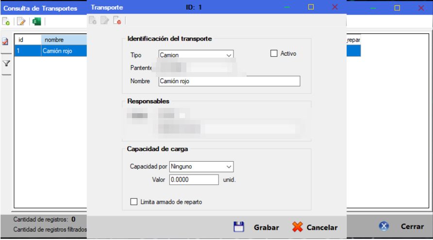 Captura real de Cuantico ERP: Ficha de transporte con identificación del vehículo, chofer y capacidad de carga.