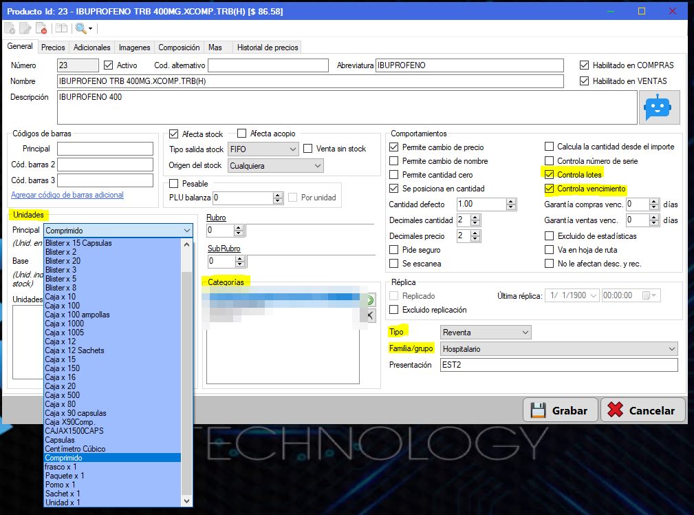 Captura real de Cuantico ERP: Ficha de producto con unidades de presentación, control de lotes y vencimiento y categorías.