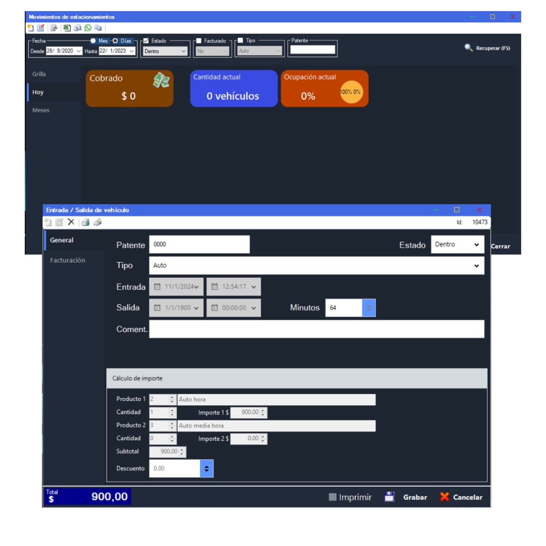 Captura real de Cuantico ERP: Ficha de entrada y salida de vehículo con cálculo de importe, sobre el panel de ocupación.