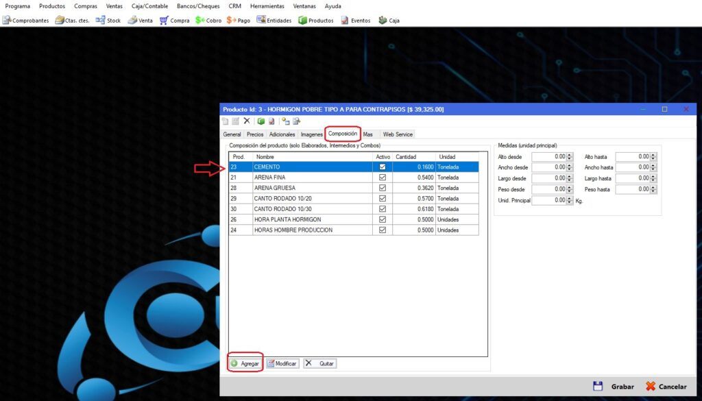 Captura real de Cuantico ERP: Pestaña Composición de un producto elaborado con sus materias primas, cantidades y unidades.