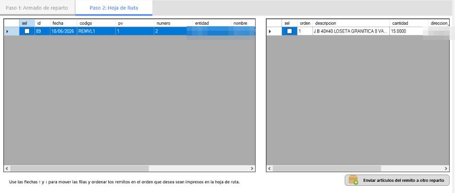 Captura real de Cuantico ERP: Paso 2: hoja de ruta con remitos del reparto y botón para enviar artículos a otro reparto.