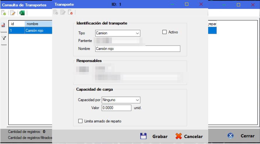 Captura real de Cuantico ERP: Ficha de transporte con tipo, patente, chofer y capacidad de carga.