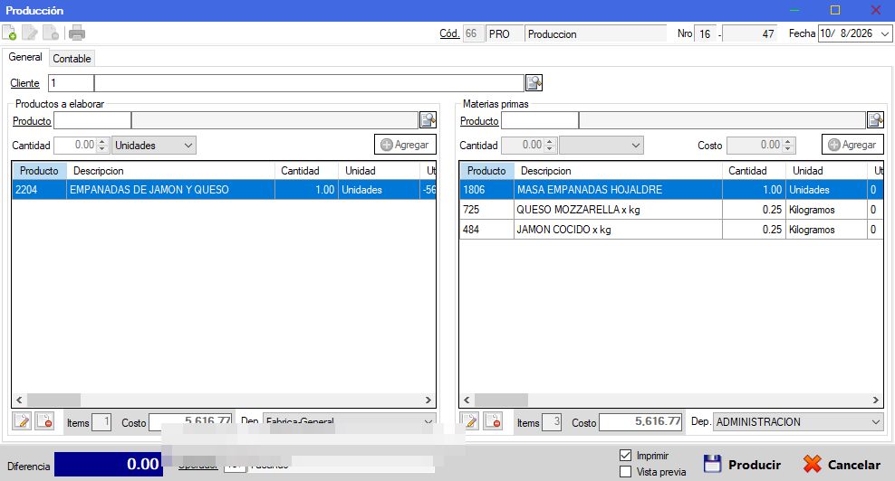 Captura real de Cuantico ERP: Pantalla de producción con productos a elaborar y materias primas requeridas.
