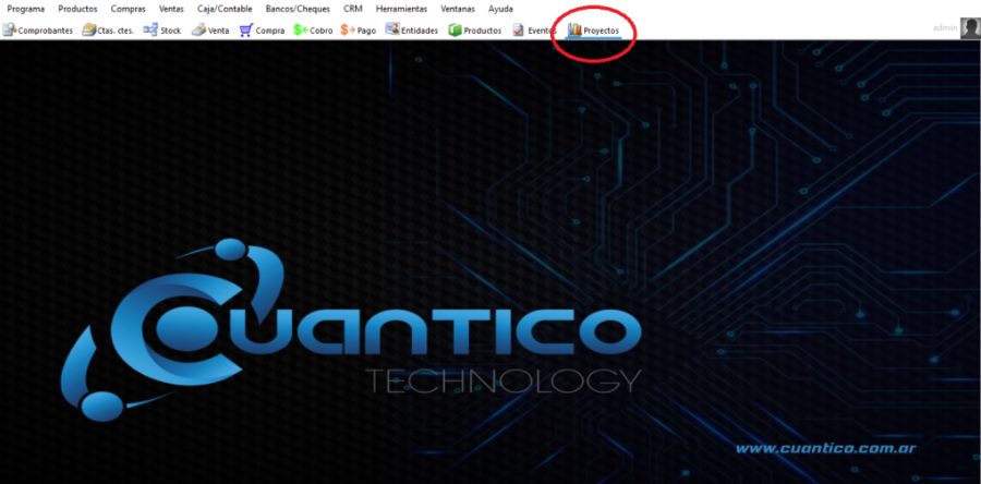 Captura real de Cuantico ERP: Barra principal del ERP con el acceso a Proyectos resaltado.