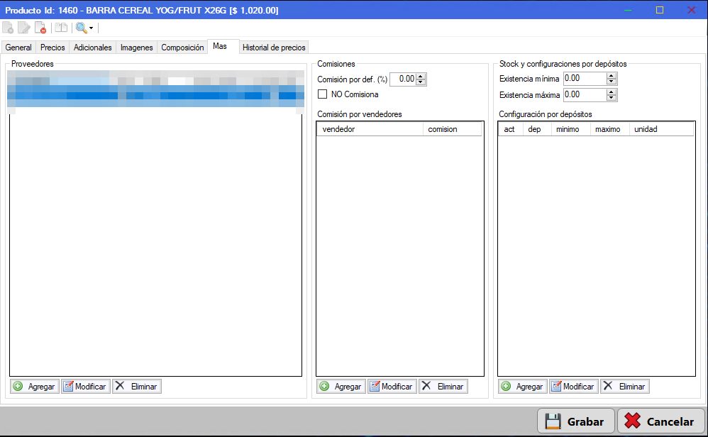 Captura real de Cuantico ERP: Pestaña Más con proveedores, comisiones y configuración por depósitos.