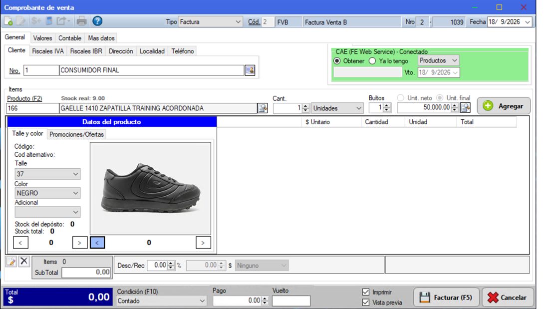 Captura real de Cuantico ERP: Comprobante de venta con talle, color, imagen y stock del producto seleccionado.