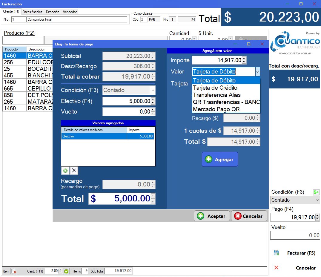 Captura real de Cuantico ERP: Ventana Elegí la forma de pago con efectivo y selector de otro valor.