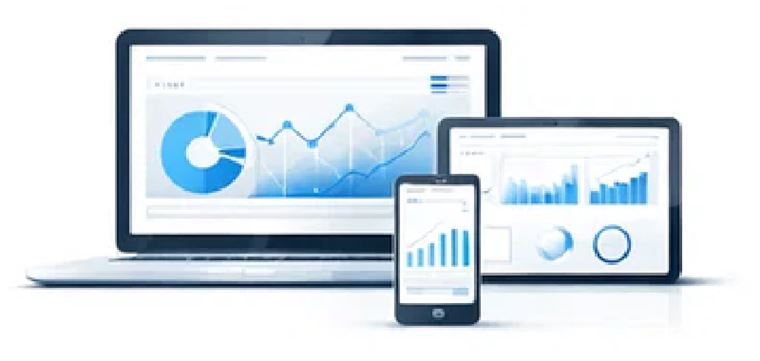 Ilustración de dashboards en computadora, tablet y celular
