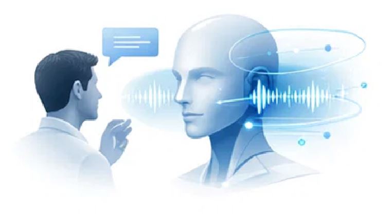 Ilustración de interacción por voz con un asistente de inteligencia artificial