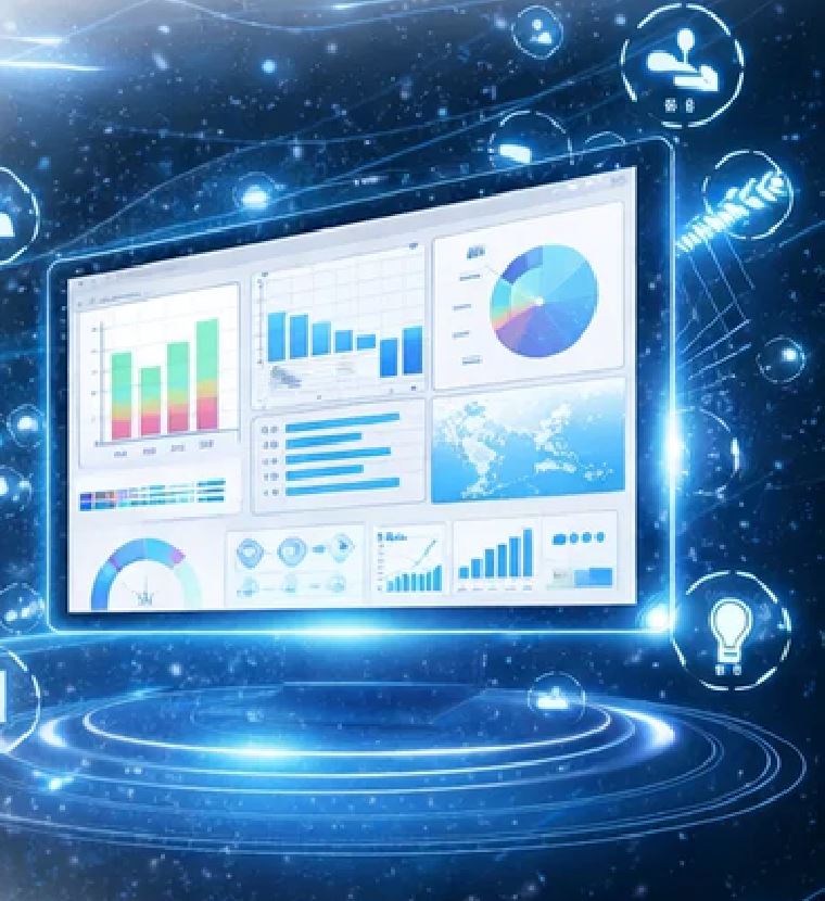 Ilustración conceptual de un panel de indicadores con gráficos y datos conectados