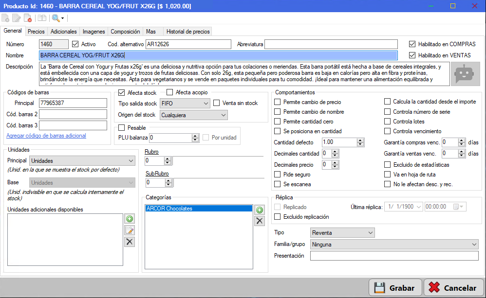 Información general de producto en CUANTICO ERP