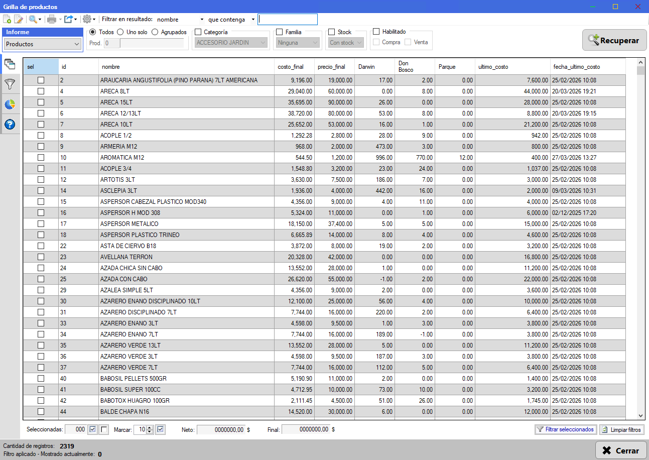Productos de vivero en CUANTICO ERP