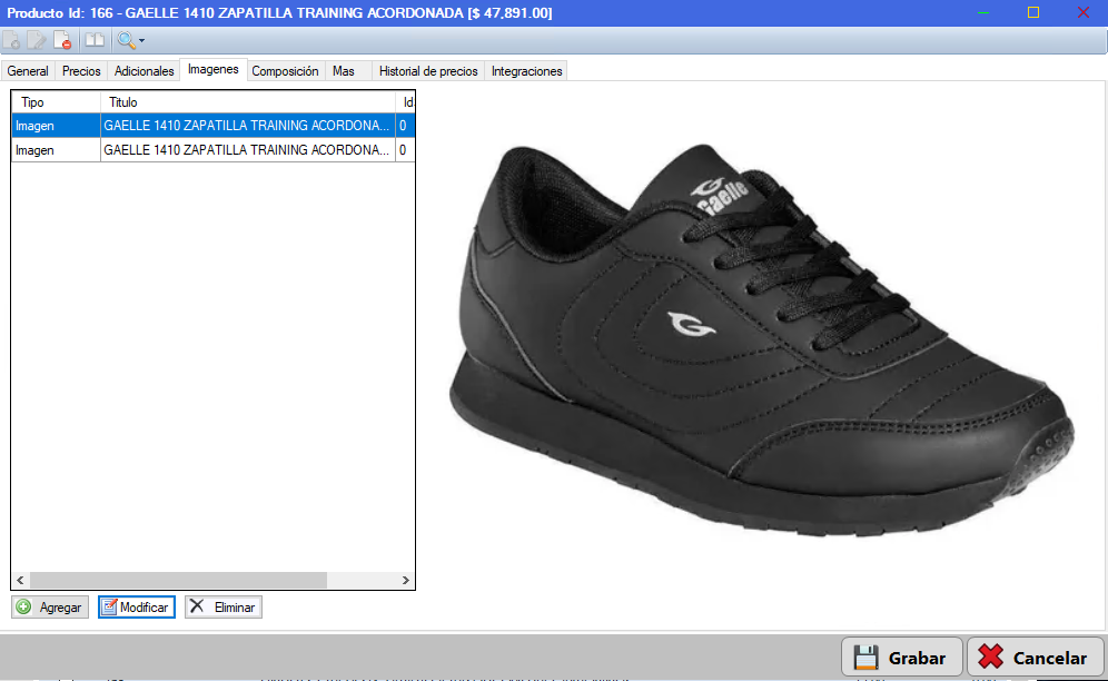 Ficha de producto con fotografía de zapatilla en CUANTICO ERP